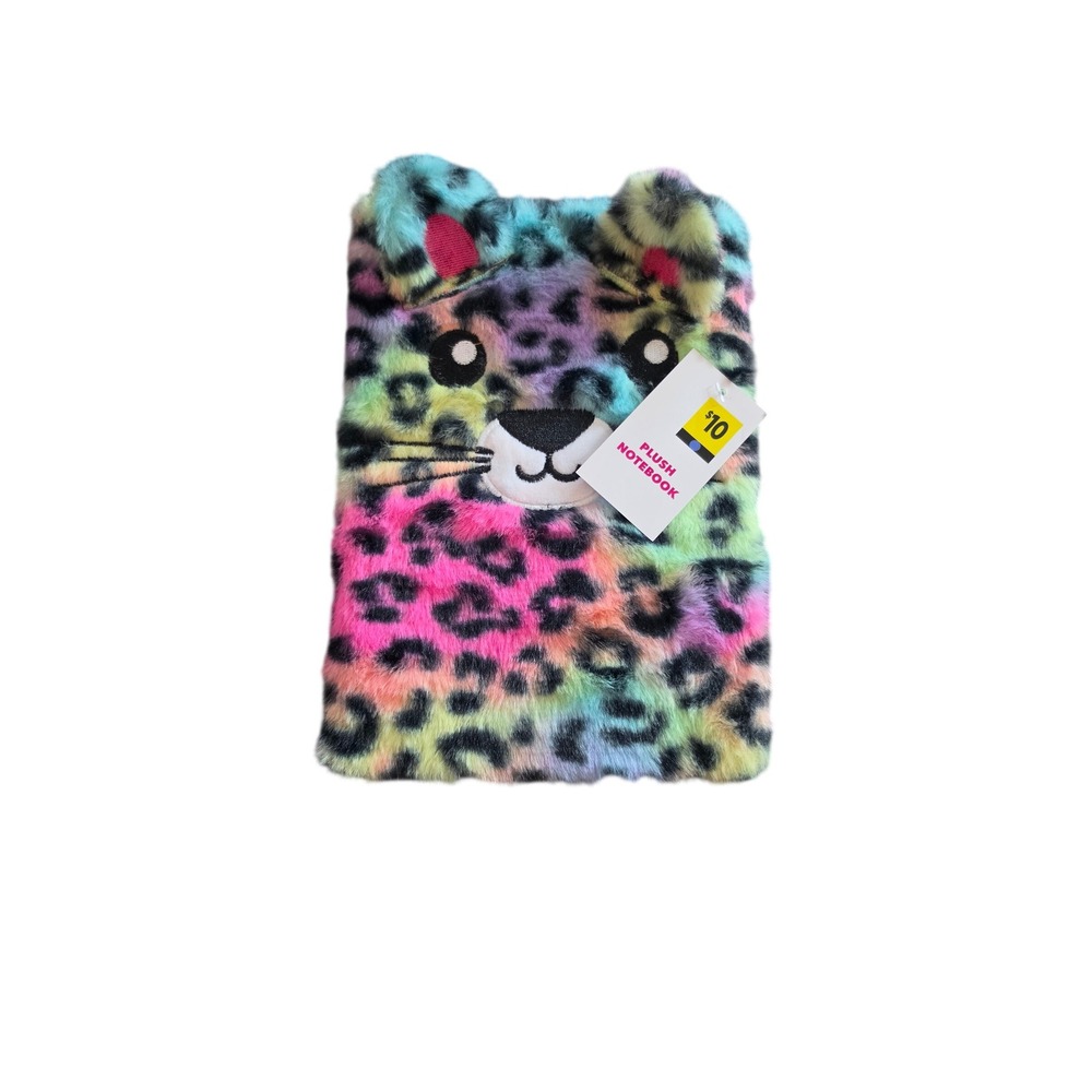 Plush Rainbow Leopard Notebook Kids Fuzzy Fur Cat Journal Lined Pages New